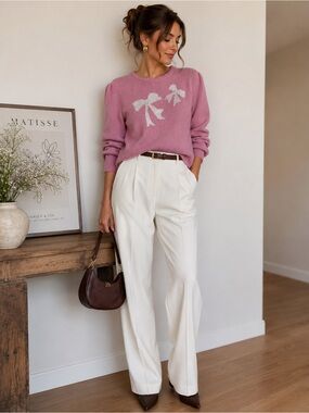 TanJay Vintage Pink Bow Knit Sweater Coquette Pearl Cottagecore Sz L AS IS